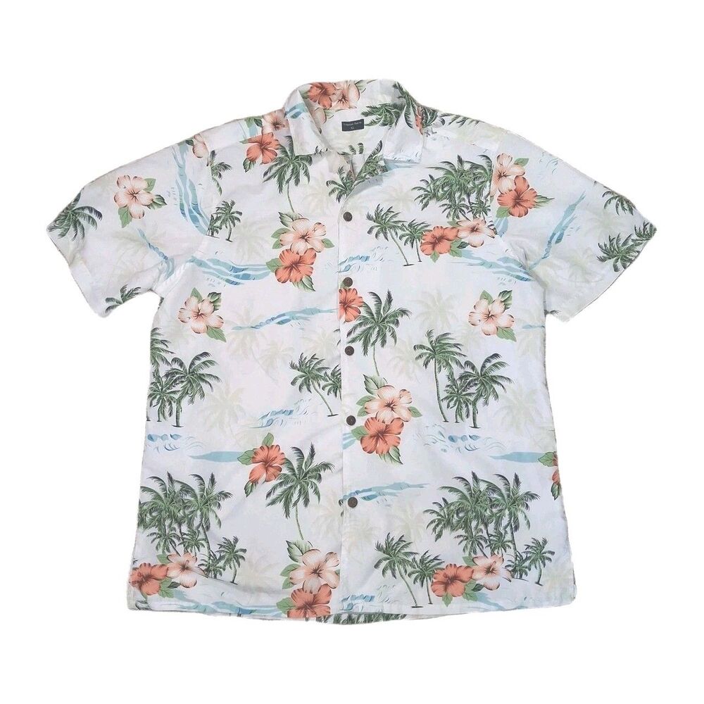 ​TROPICAL STORM HAWAIIAN SHIRT XL EXTRA LARGE MEN SHORT SLEEVE WHITE ORANGE PALM
